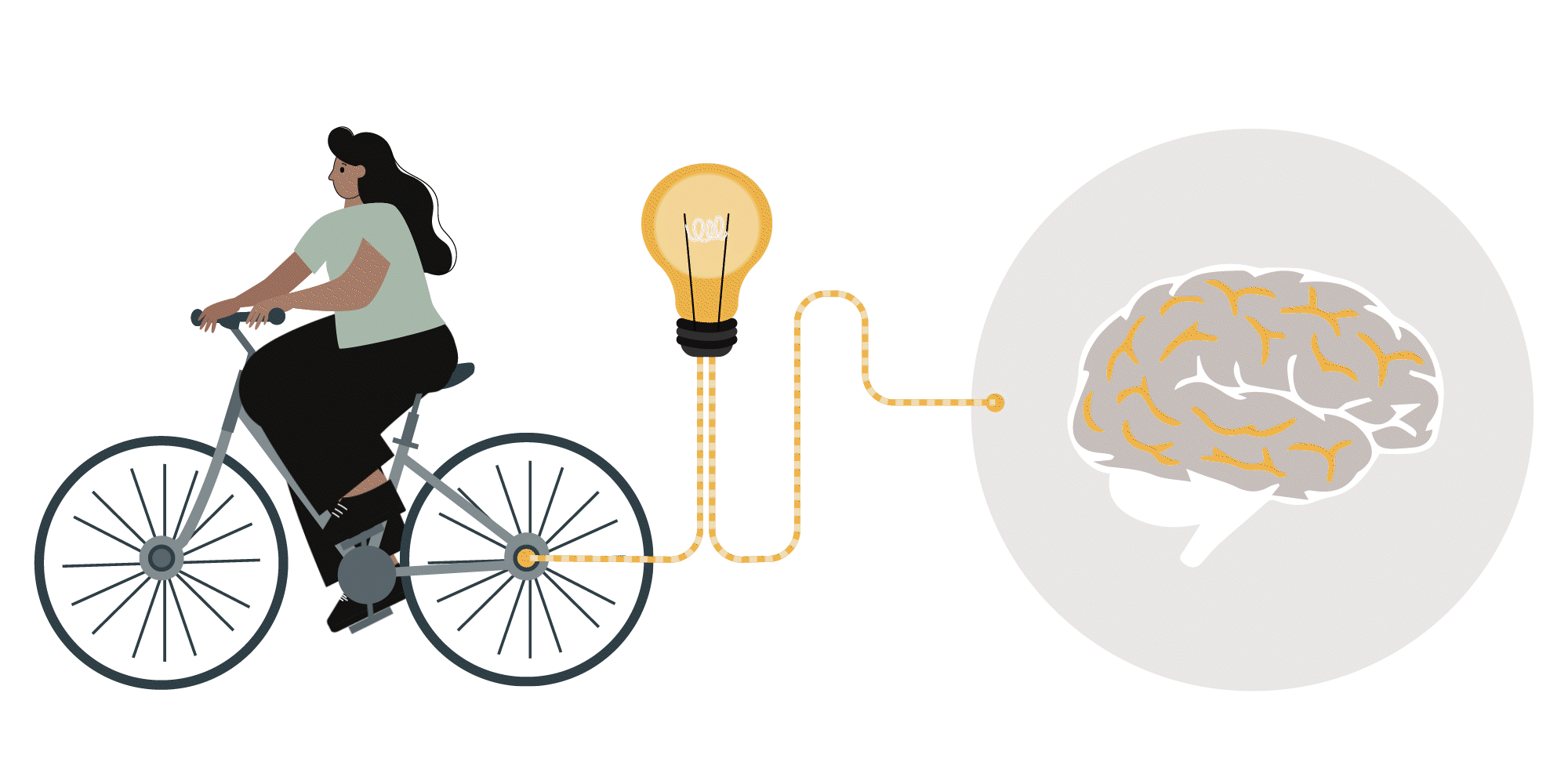 Animation of SBC woman peddling on a bicycle to create electricity to power a brain.