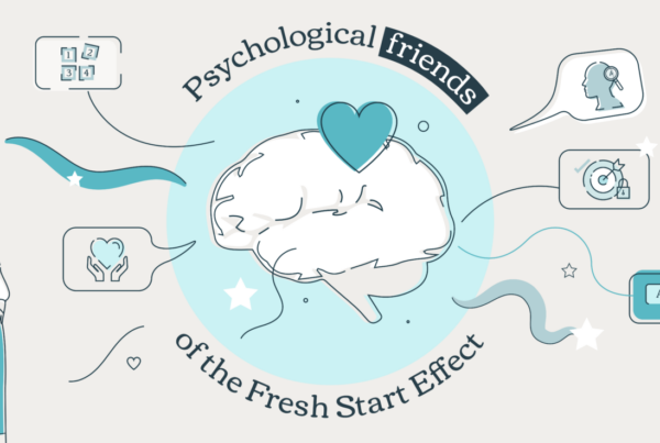 Woman looking at a brain surrounded by the friends of the fresh start effect.